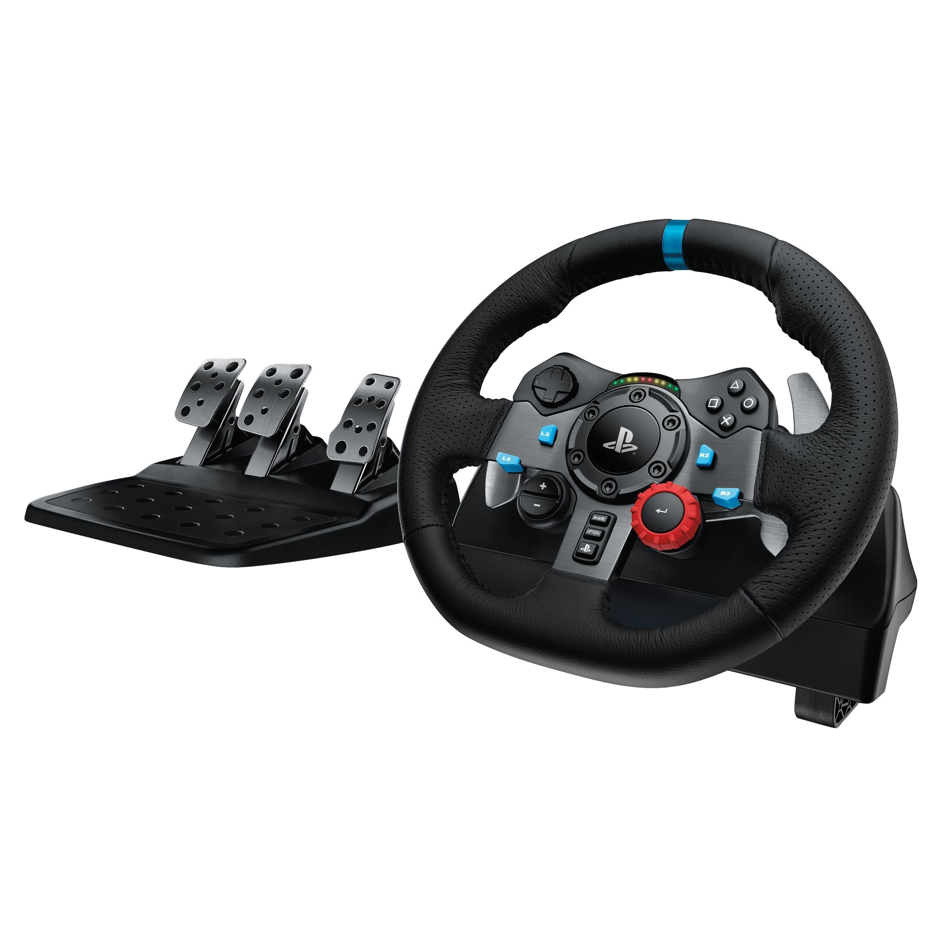 Logitech G29 Driving Force rat til Playstation og PC med force feedback, sort design, logo synligt på rattet.
