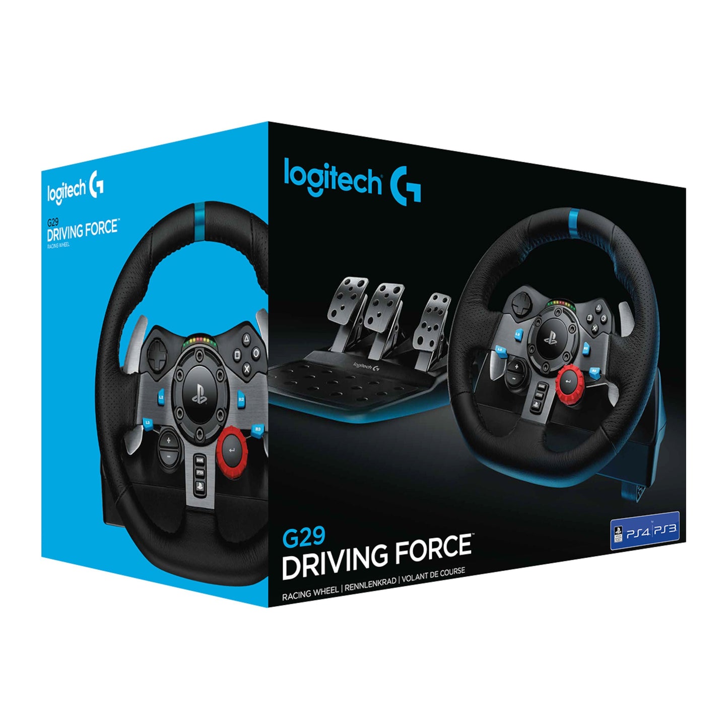 Logitech G29 Driving Force rat til PlayStation og PC i blå/sort æske med billeder af rat, pedaler og PS-ikoner.