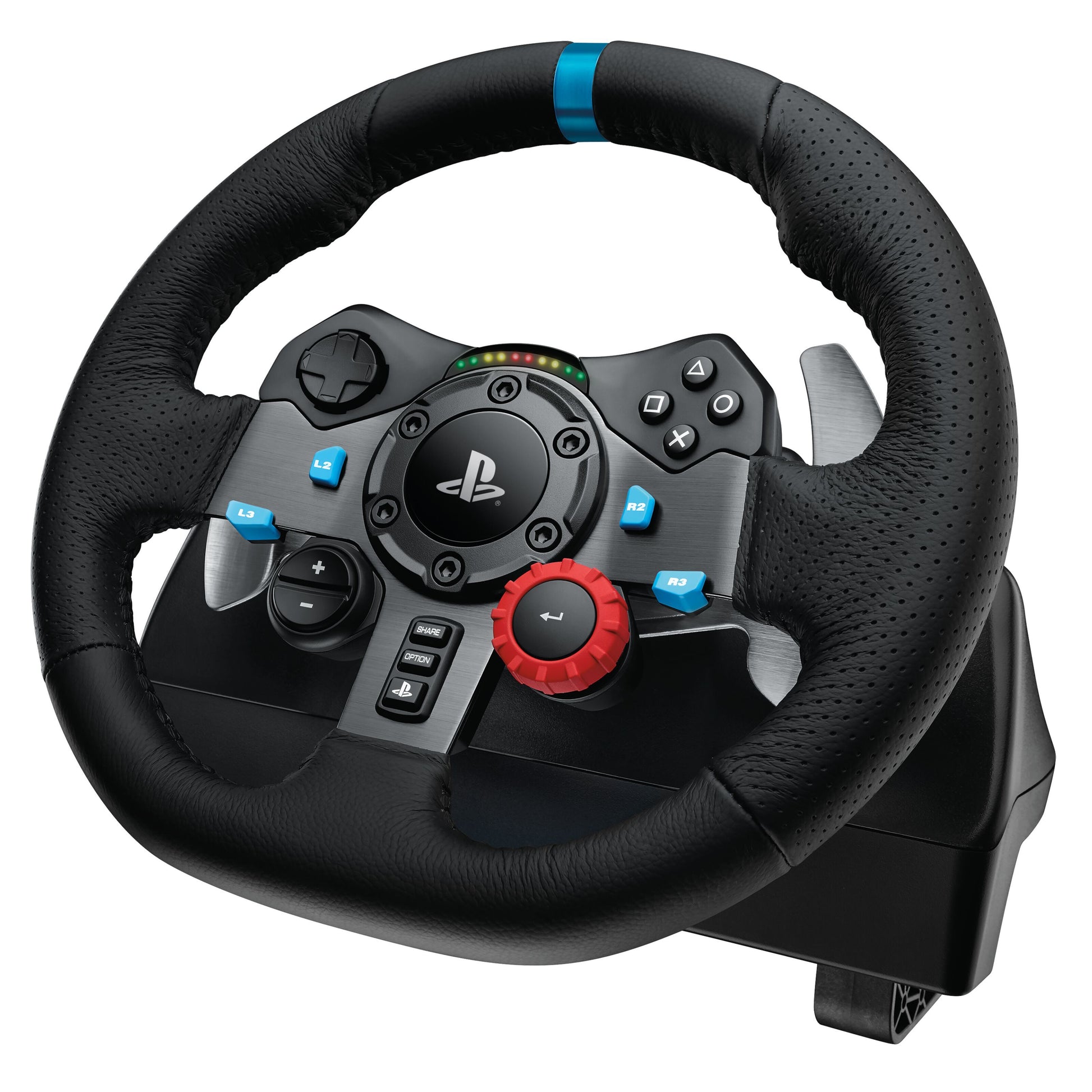 Logitech G29 Driving Force rat til PlayStation og PC, sort, PlayStation-logo, blå detaljer, knapper, teksturgreb.