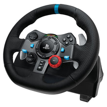 Logitech G29 Driving Force rat til PlayStation og PC, sort, PlayStation-logo, blå detaljer, knapper, teksturgreb.