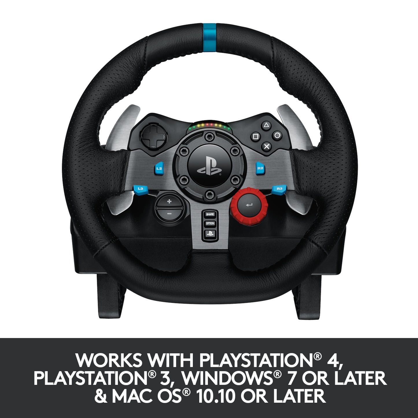 Sort Logitech G29 Driving Force rat til PlayStation 4, PlayStation 3, PC og Mac monteret på stativ.