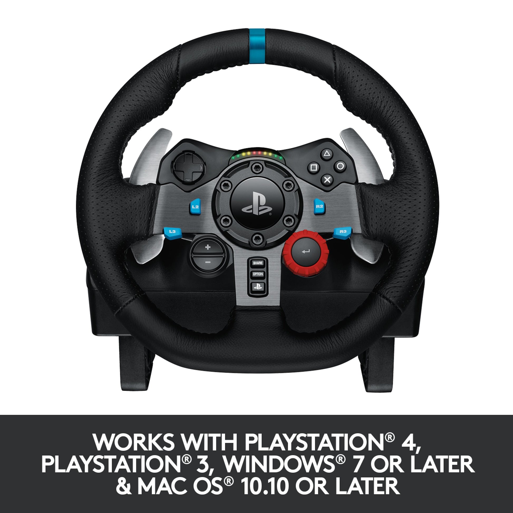 Sort Logitech G29 Driving Force rat til PlayStation 4, PlayStation 3, PC og Mac monteret på stativ.