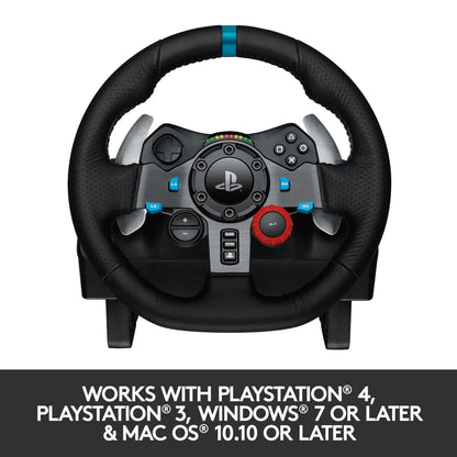 Sort Logitech G29 Driving Force rat til PlayStation 4, PlayStation 3, PC og Mac monteret på stativ.