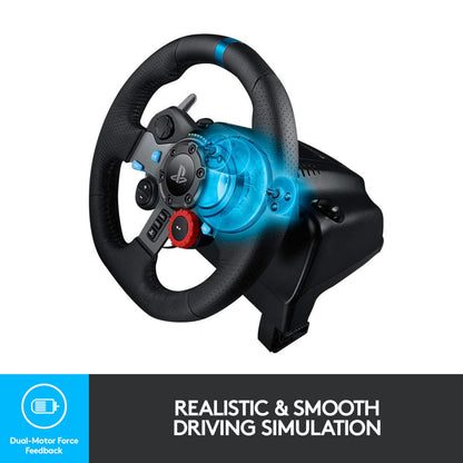 Logitech G29 Driving Force rat til PlayStation/PC, knapper, kontroller, blå detaljer, force feedback, G29-logo.