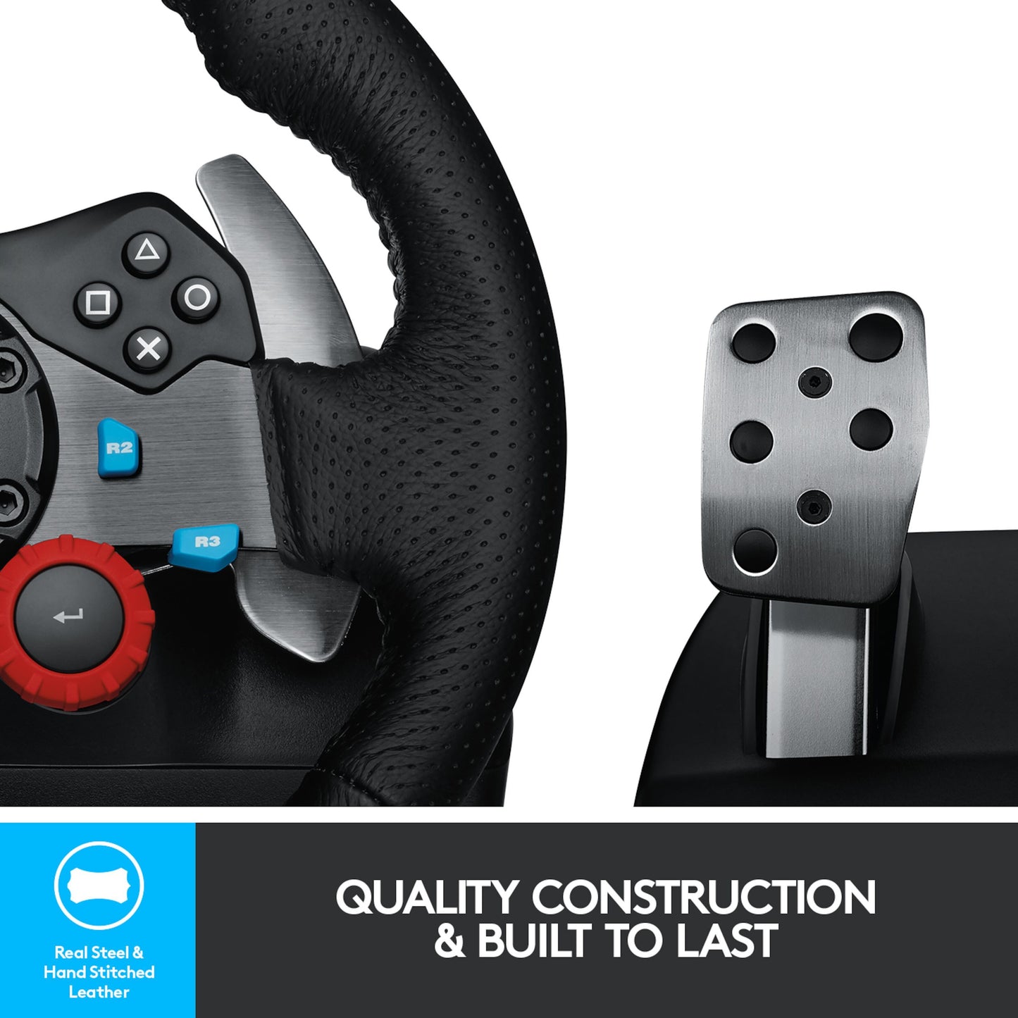 Logitech G29 Driving Force rat til PlayStation og PC med force feedback, kontrolknapper, paddle shifter og metalpedal.
