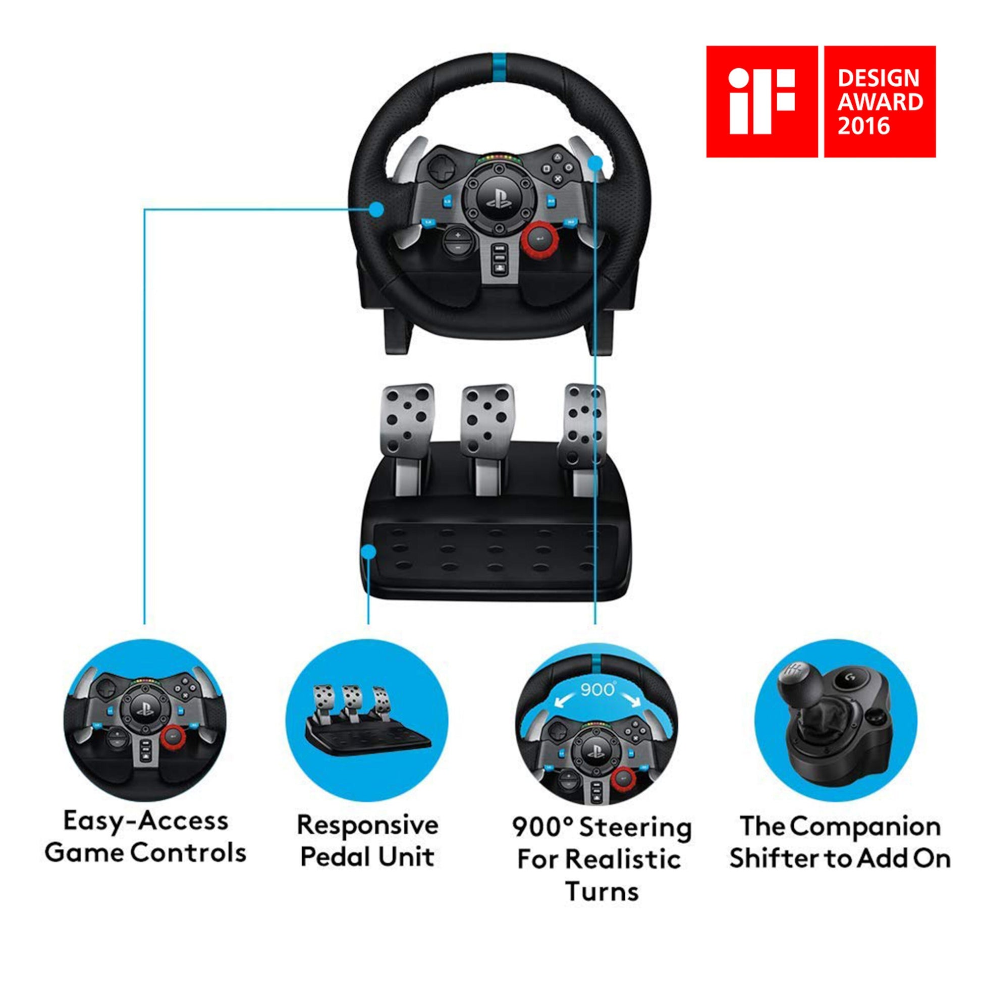 Logitech G29 Driving Force rat til Playstation og PC med force feedback, let adgangs kontrol, 900° styring og iF Design Award 2016.