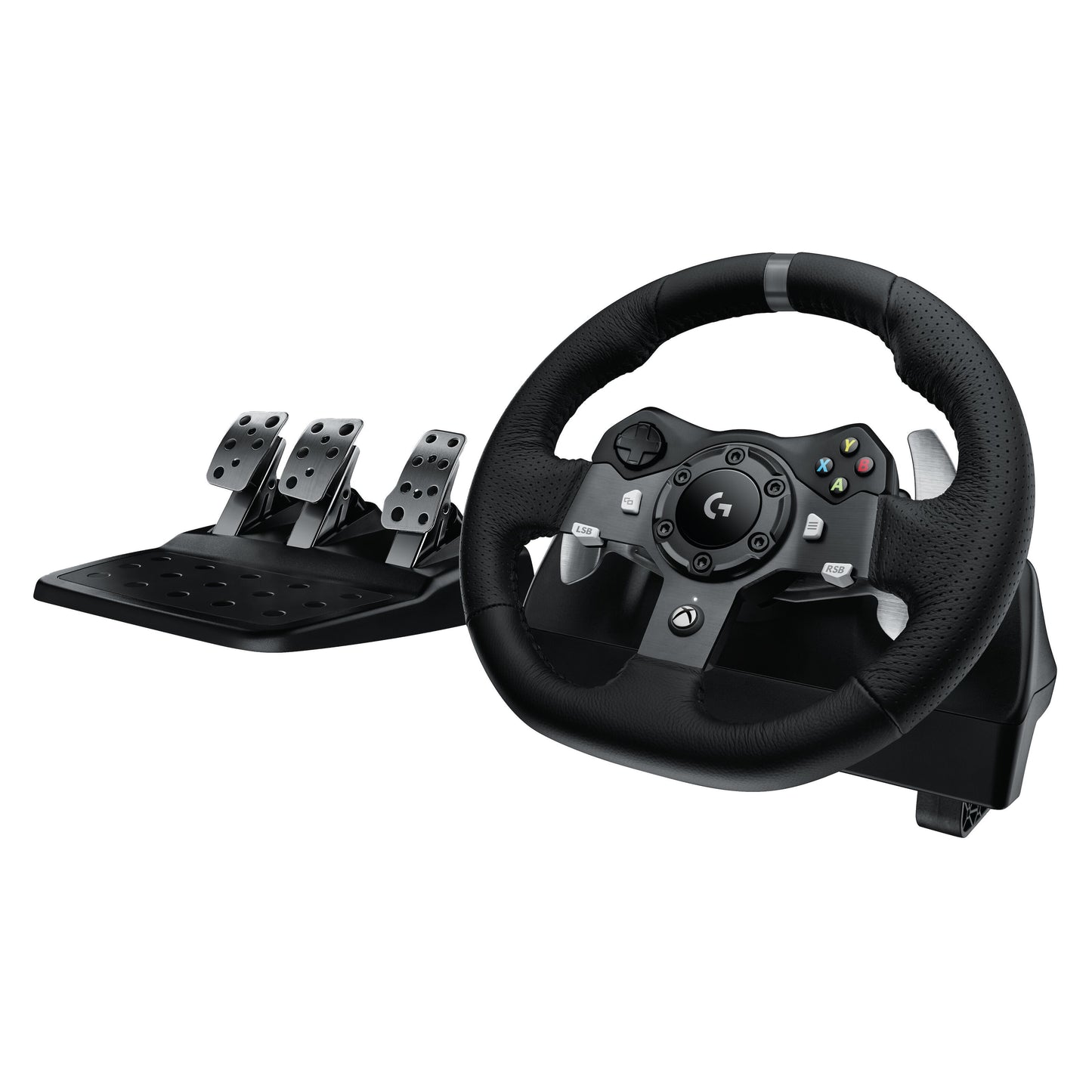 Logitech G920 Driving Force rat til Xbox/PC, sorteret med knapper, centralt Logitech-logo og robuste sæt metaltholdbare pedaler.