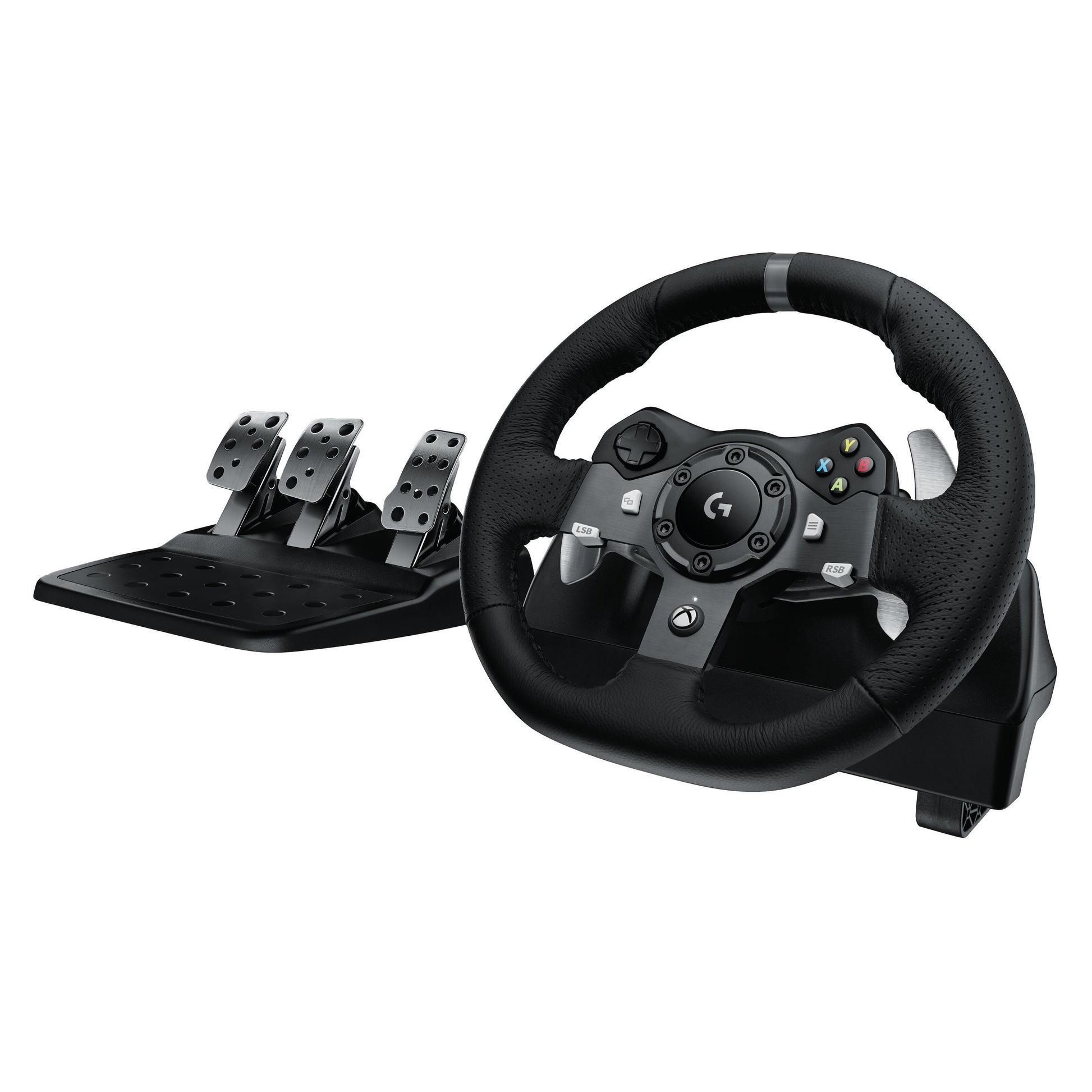 Logitech G920 Driving Force rat til Xbox/PC, sorteret med knapper, centralt Logitech-logo og robuste sæt metaltholdbare pedaler.