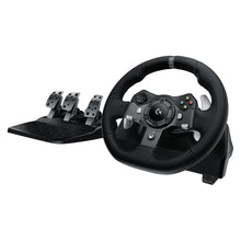 Logitech G920 Driving Force rat til Xbox/PC, sorteret med knapper, centralt Logitech-logo og robuste sæt metaltholdbare pedaler.