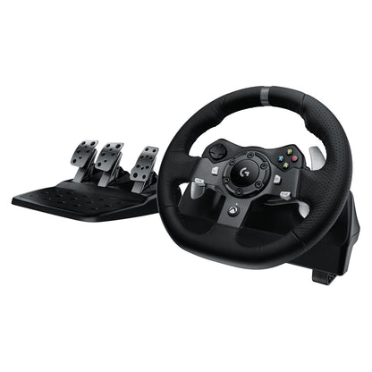 Logitech G920 Driving Force rat til Xbox/PC, sorteret med knapper, centralt Logitech-logo og robuste sæt metaltholdbare pedaler.