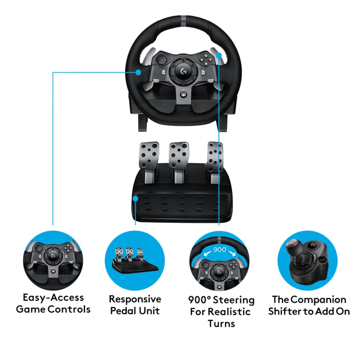 Logitech G920 Driving Force rat, sort, til Xbox og PC med præcis styring, pedalsæt og mulighed for gearskifter.