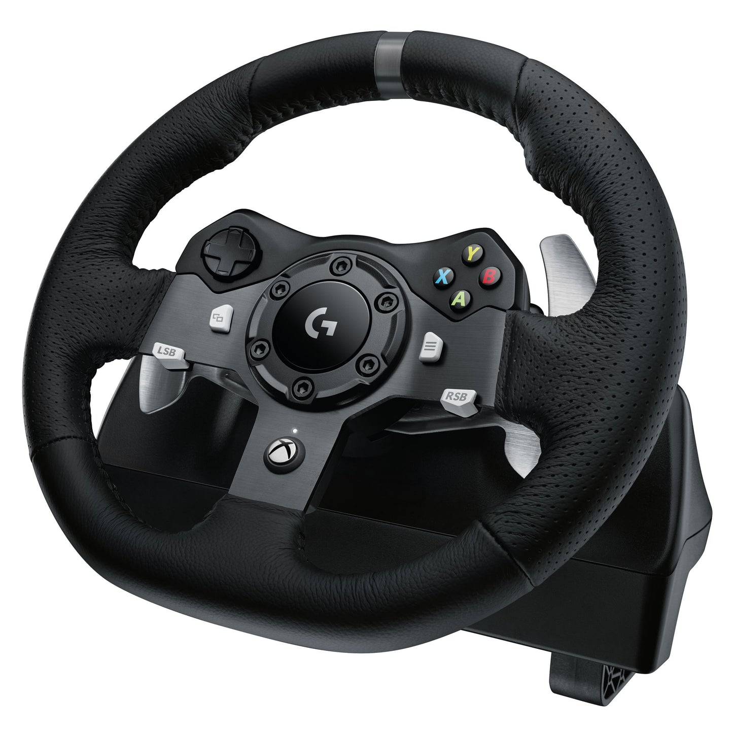 Logitech G920 Driving Force rat og pedalsæt til Xbox/PC, tekstureret greb, kontrolknapper, paddle shifters, Logitech-logo.