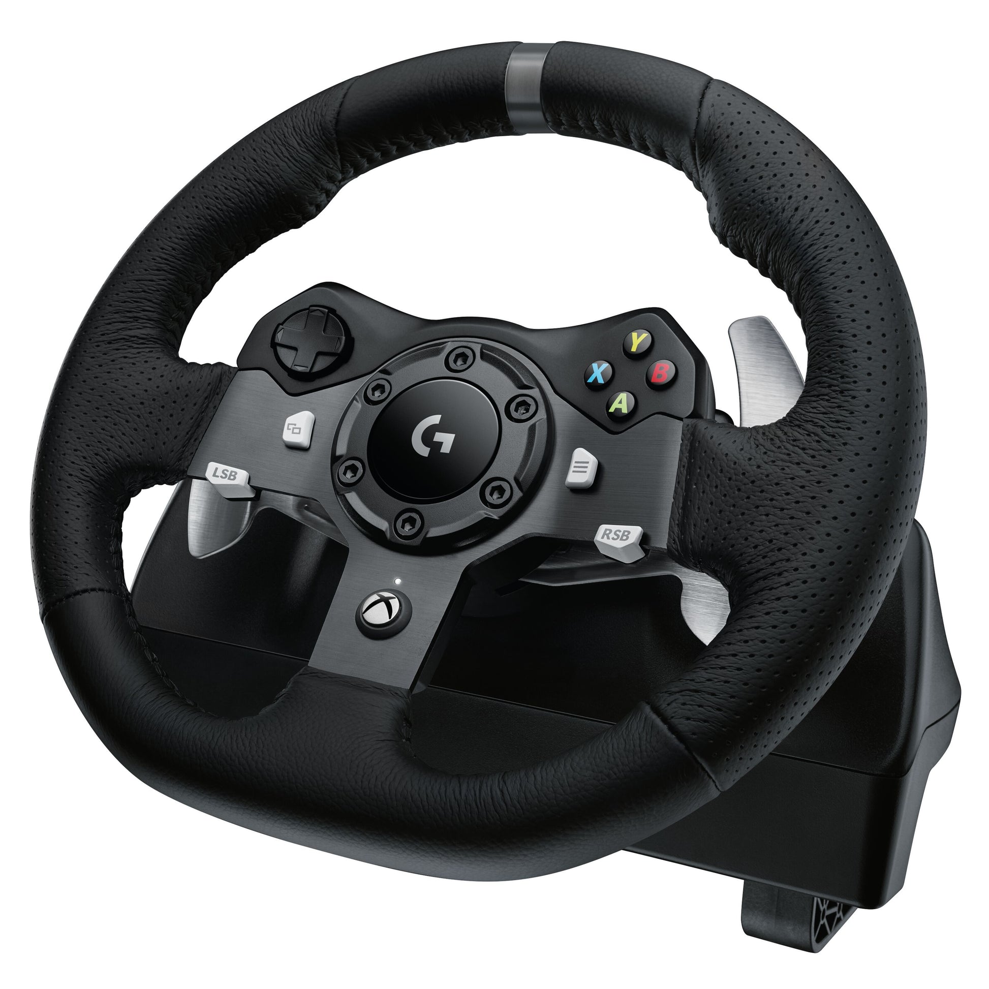 Logitech G920 Driving Force rat og pedalsæt til Xbox/PC, tekstureret greb, kontrolknapper, paddle shifters, Logitech-logo.