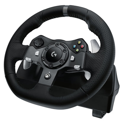 Logitech G920 Driving Force rat og pedalsæt til Xbox/PC, tekstureret greb, kontrolknapper, paddle shifters, Logitech-logo.
