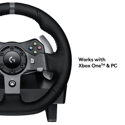 Logitech G920 Driving Force rat og pedalsæt til Xbox One og PC, sort/sølv med Xbox-knapper, tekst: Fungerer med Xbox One og pc.