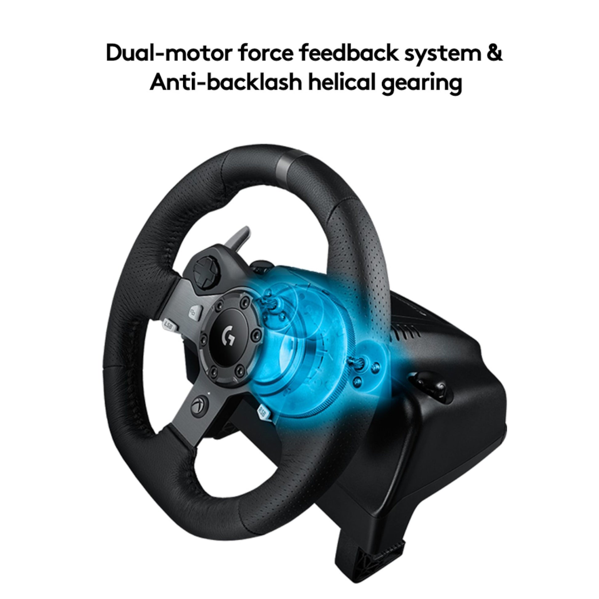 Logitech G920 Driving Force rat til Xbox/PC sort med blå grafik, dual-motor force feedback, anti-backlash gear, inkl pedal-sæt.