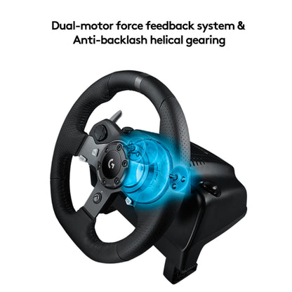 Logitech G920 Driving Force rat til Xbox/PC sort med blå grafik, dual-motor force feedback, anti-backlash gear, inkl pedal-sæt.
