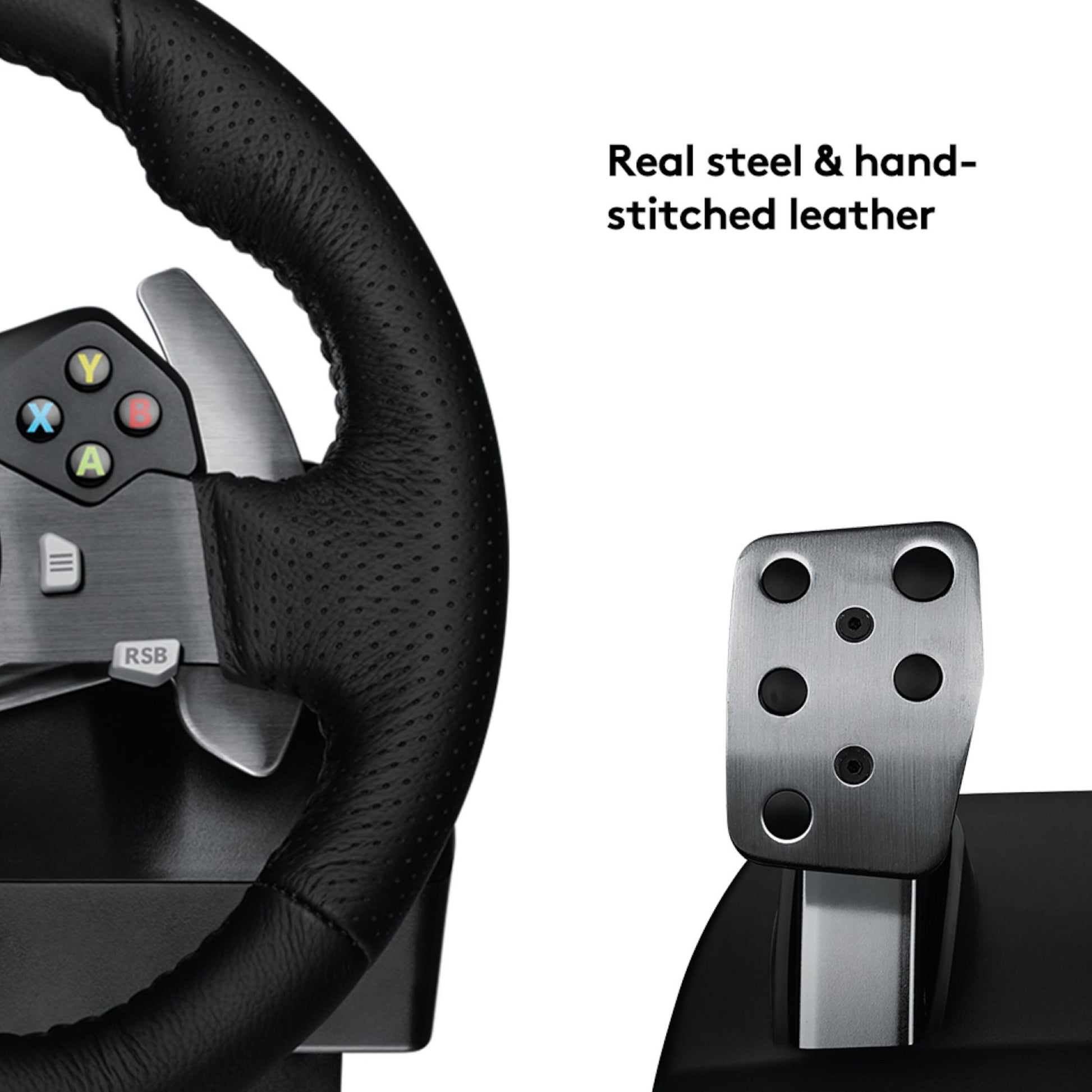 Logitech G920 Driving Force rat til Xbox og PC, håndsyet læderrat, pedal sæt i metal, tekst: Ægte stål  håndsyet læder.