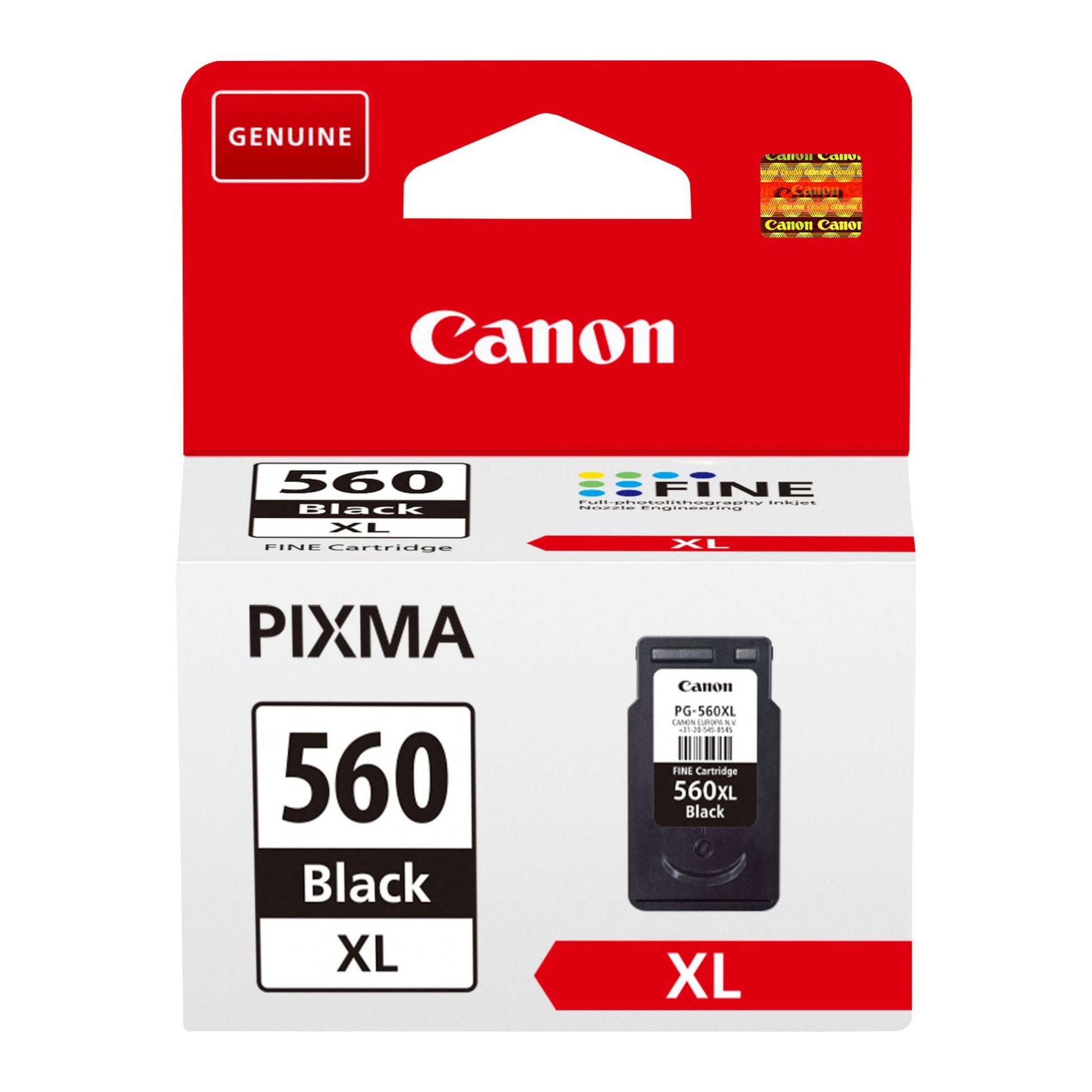 Canon PG-560 XL sort blækpatron i rød og hvid æske, ekstra stor kapacitet, til udvalgte Canon-printere.