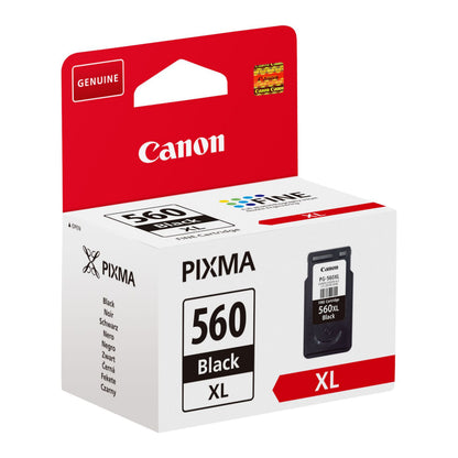 Canon PG-560 XL blækpatron Sort, æske med ægte og XL mærker, flersproget tekst, hvid med røde og sorte detaljer.