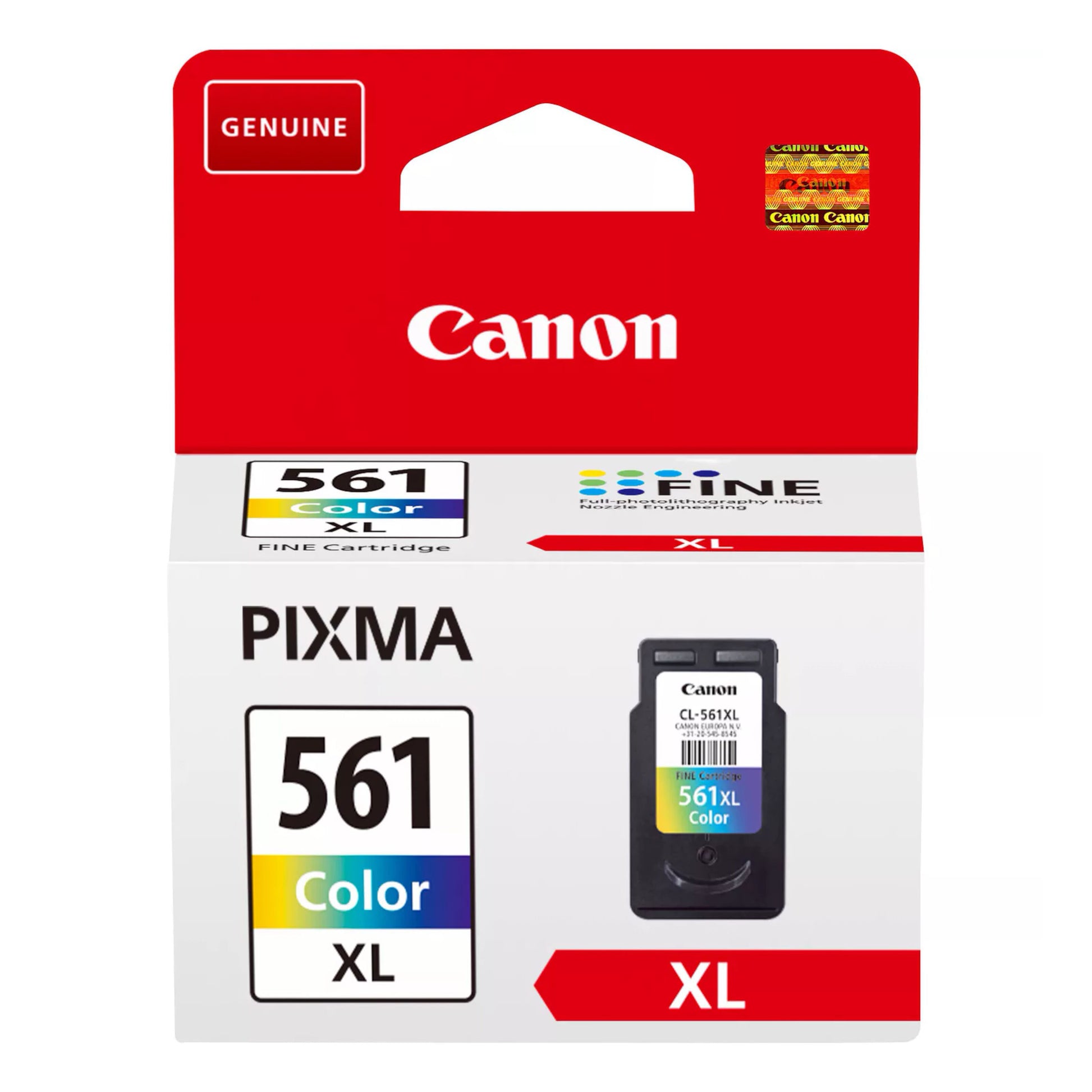 Canon CL-561XL blækpatron farve i rød, hvid og flerfarvet æske med billede af patron samt Ægte, XL og Farve XL mærkater.
