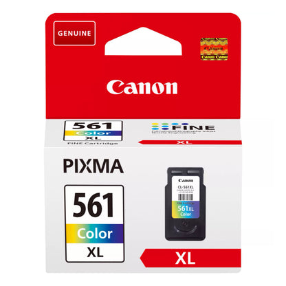 Canon CL-561XL blækpatron farve i rød, hvid og flerfarvet æske med billede af patron samt Ægte, XL og Farve XL mærkater.