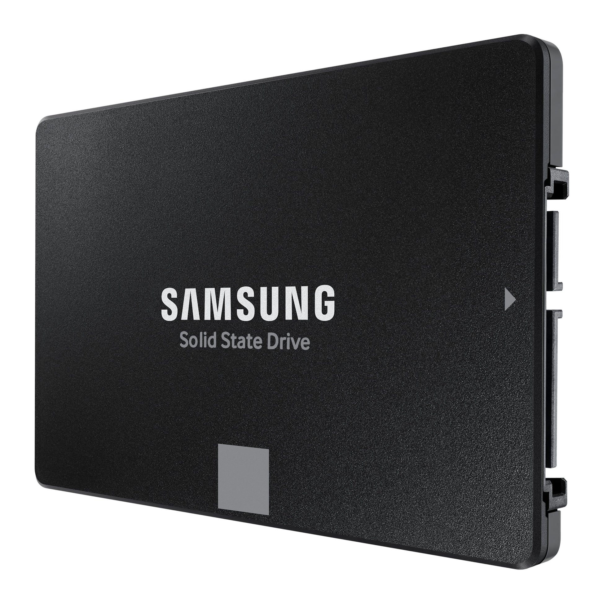Samsung 870 EVO SSD 250GB sort, rektangulær med Solid State Drive tekst og logo foran, stik synligt i højre side.