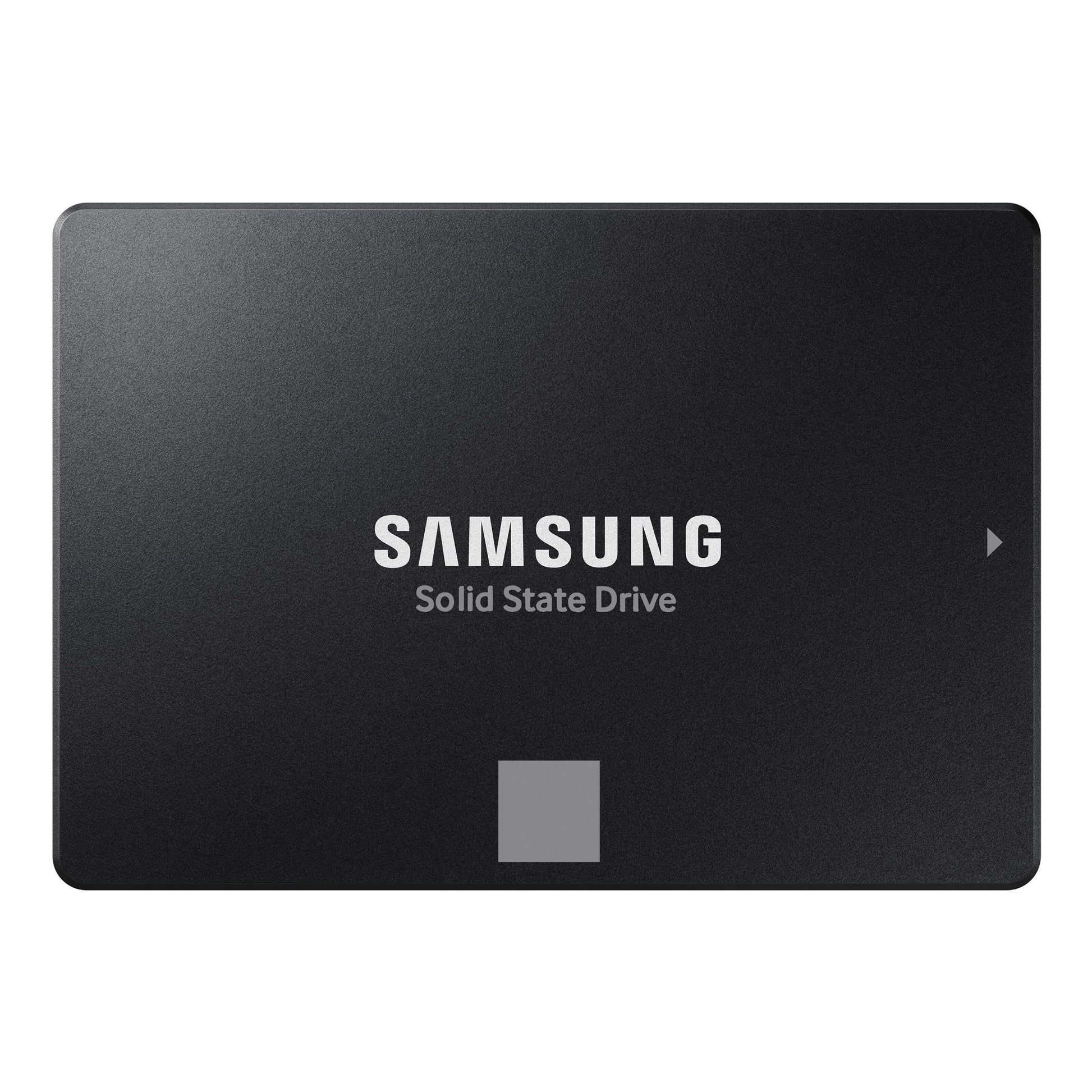 Samsung 870 EVO SSD 250 GB sort, rektangulær, set ovenfra med "Samsung Solid State Drive" trykt i hvidt på fronten.