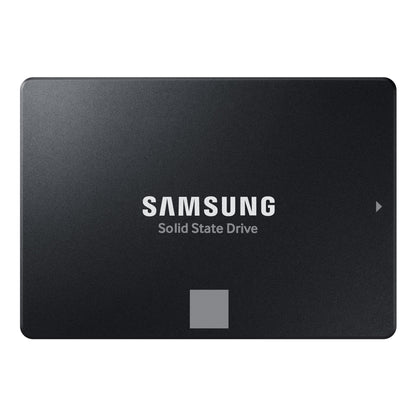 Samsung 870 EVO SSD 250 GB sort, rektangulær, set ovenfra med "Samsung Solid State Drive" trykt i hvidt på fronten.