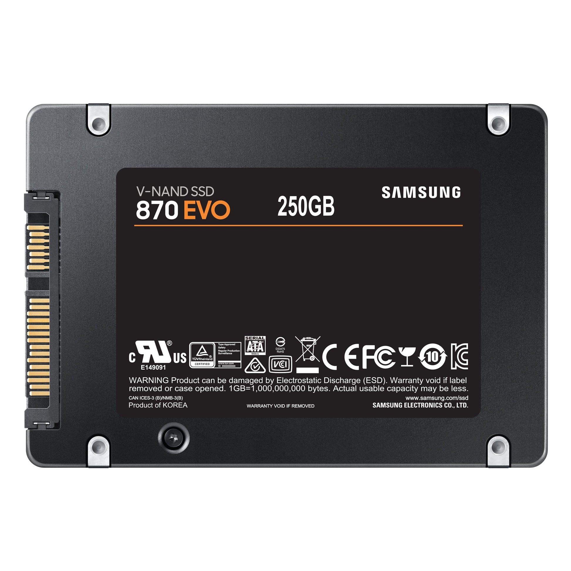 Samsung 870 EVO SSD 250GB, produktdetaljer og certificeringslogoer synlige, SATA-stik til venstre.