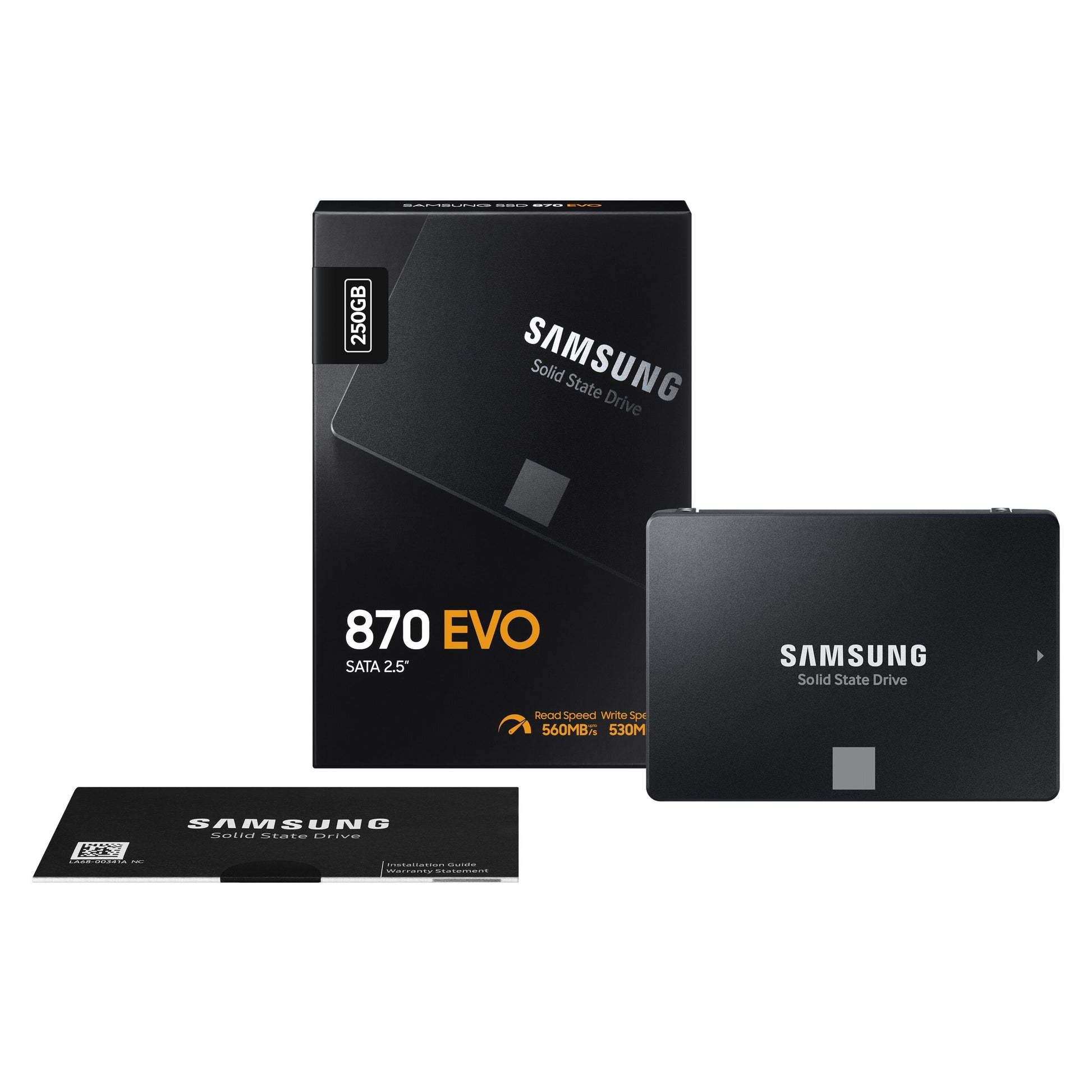 Samsung 870 EVO SSD 250 GB ved siden af emballage med modelnavn og kapacitet 250 GB synligt på æsken.
