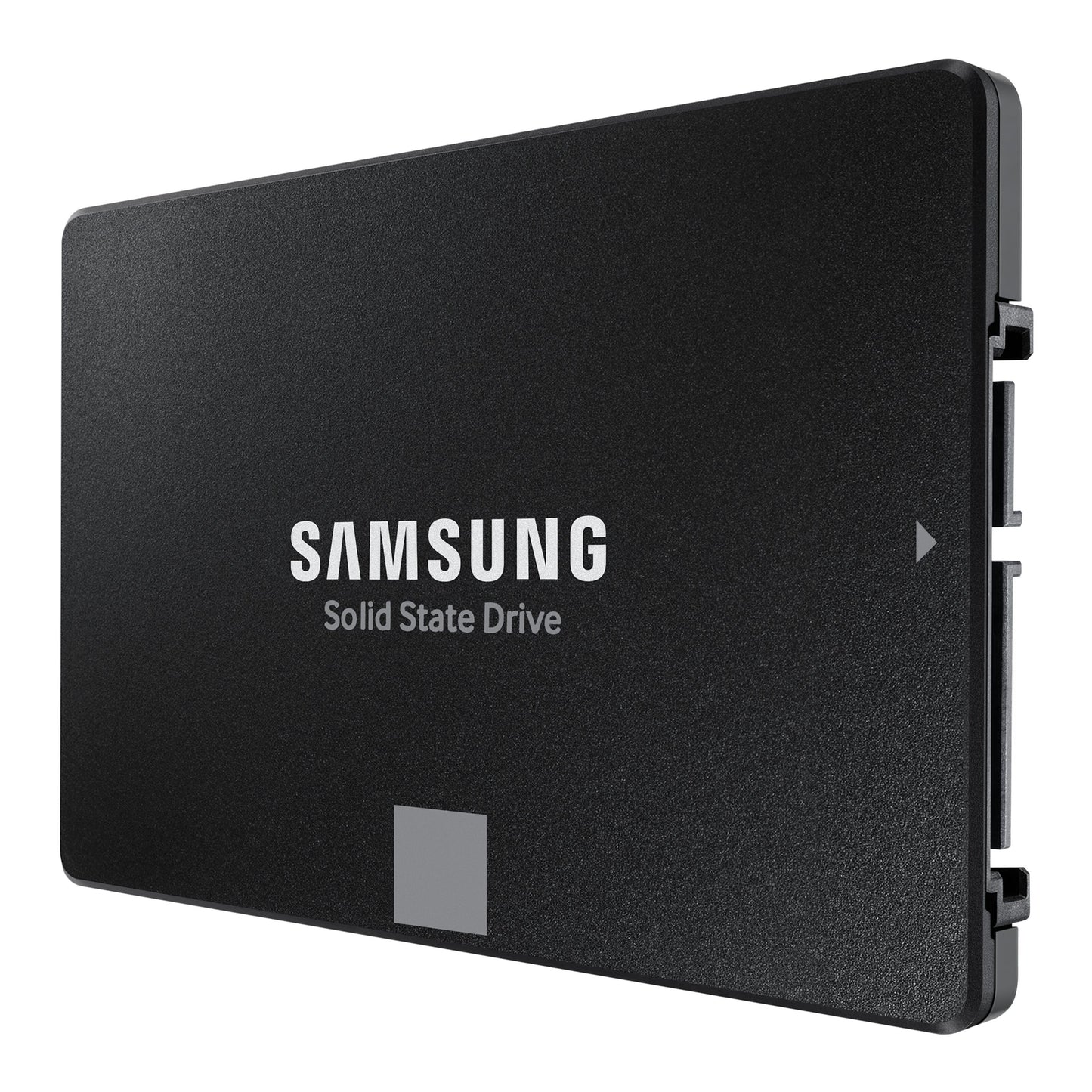 Samsung 870 EVO SSD 500 GB sort, Samsung-logo og Solid State Drive-tekst på forsiden, stik synligt i højre side.