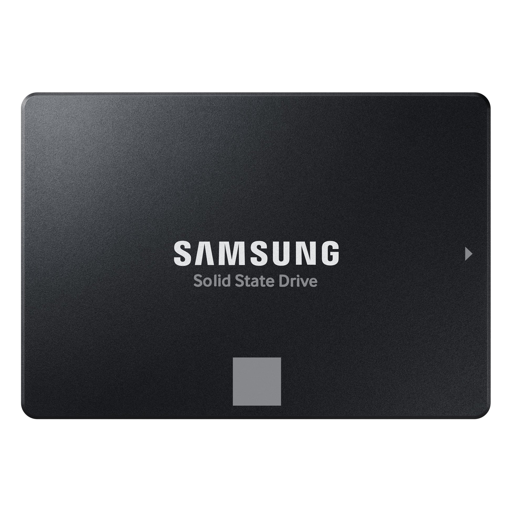 Samsung 870 EVO SSD 500GB i sort med afrundede hjørner, hvidt Samsung-logo og "Solid State Drive" på fronten.