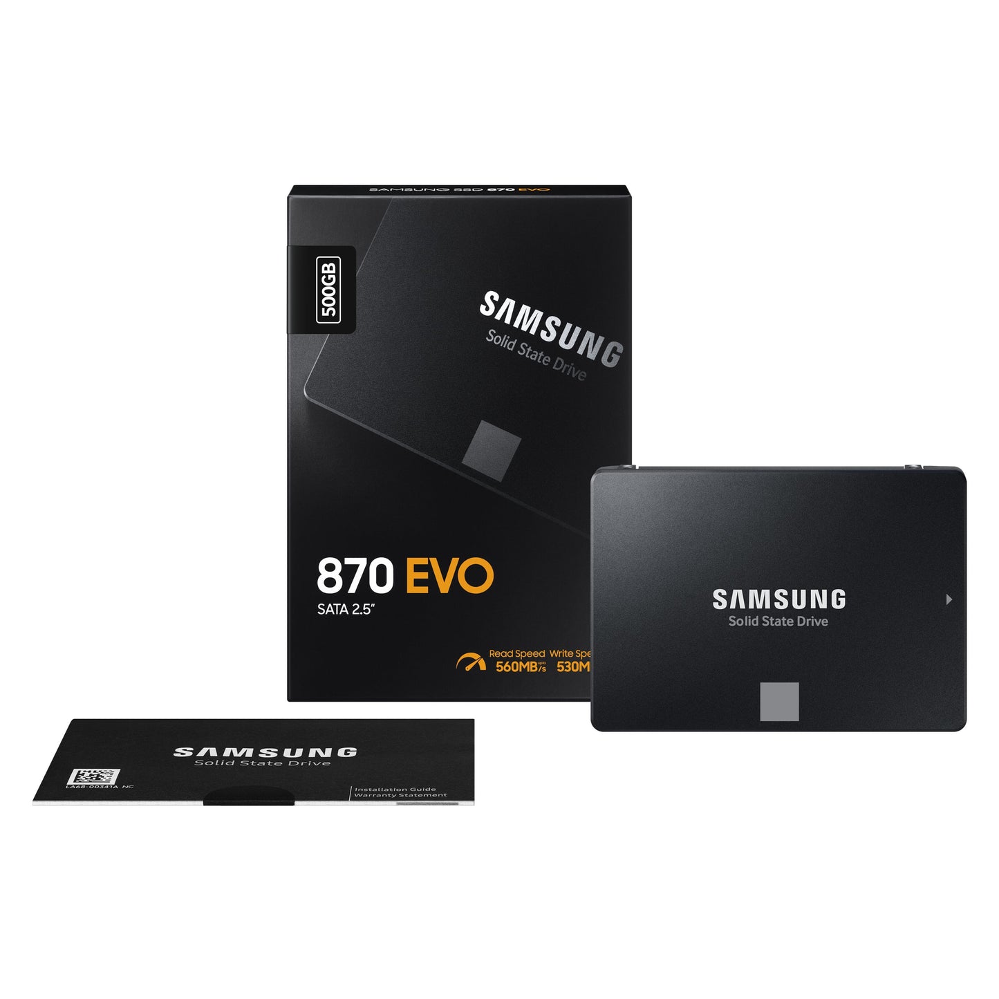 Samsung 870 EVO SSD 500 GB sort, vises med original emballage og informationshæfte, hvidt og orange tekst på drev og æske.