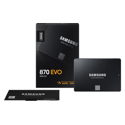 Samsung 870 EVO SSD 500 GB sort, vises med original emballage og informationshæfte, hvidt og orange tekst på drev og æske.