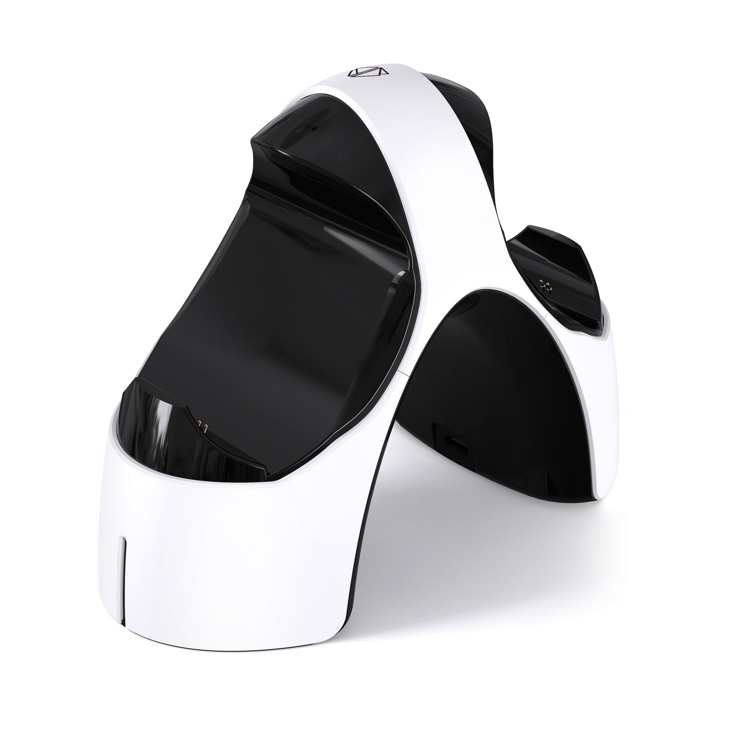 Plexgear Opladningsstation X4 til håndkontroller, hvid/sort med buede flader og LED-indikator, PS5 DualSense-stil.