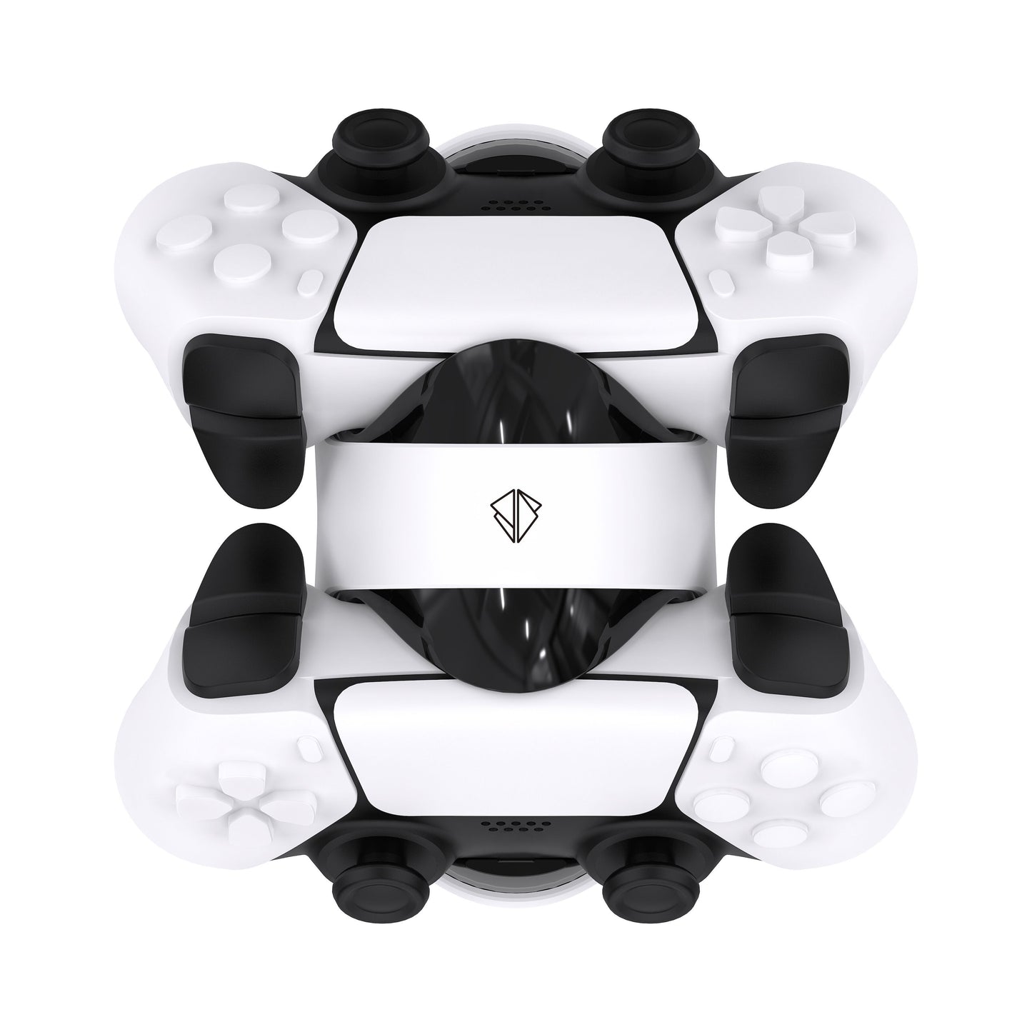 Playstation 5 DualSense controllere i sort og hvid omkring Opladningsstation X4 med LED-indikator, til 2 controllere.