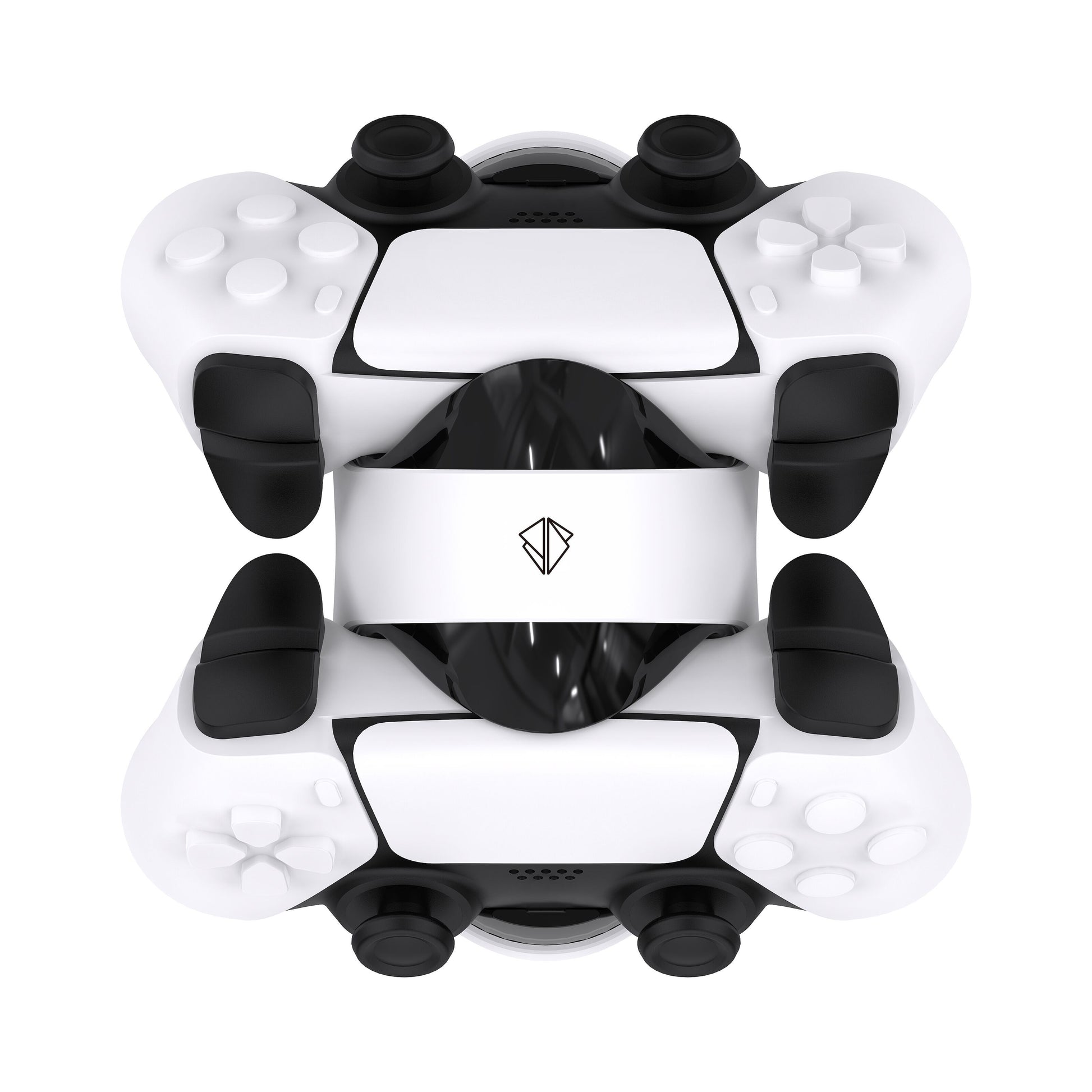 Playstation 5 DualSense controllere i sort og hvid omkring Opladningsstation X4 med LED-indikator, til 2 controllere.