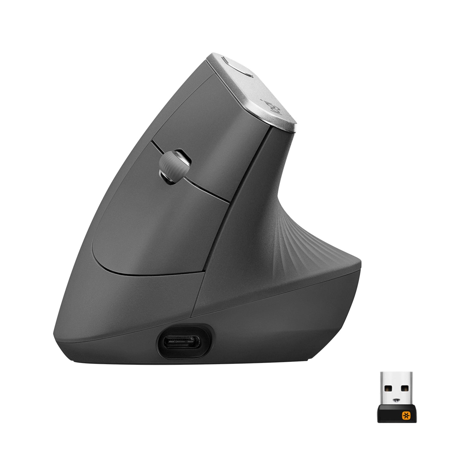 Logitech MX Vertical trådløs mus sorterer med scrollhjul, sideknapper, USB-C opladning og lille USB-modtager.