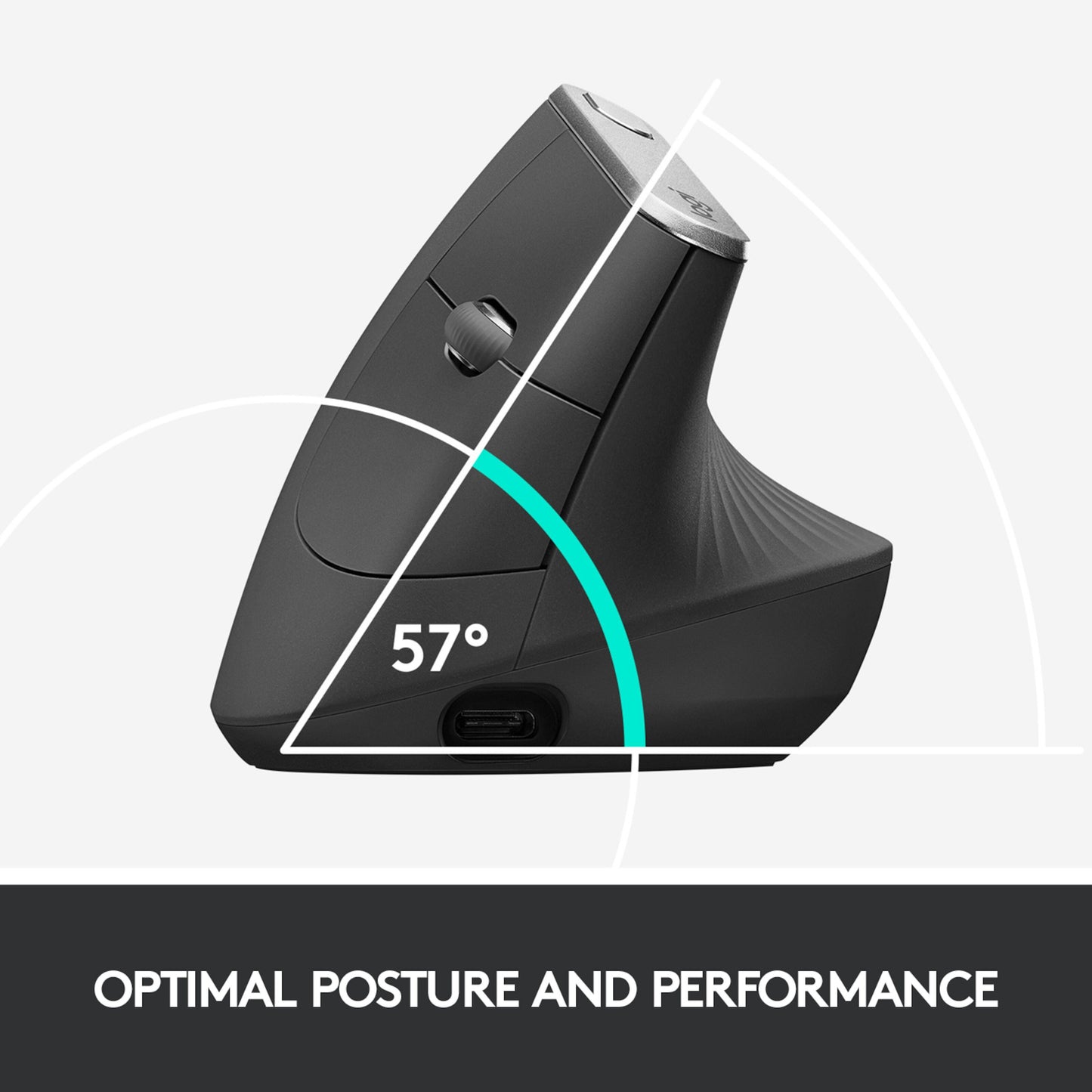 Logitech MX Vertikal trådløs mus, sort, sidevinkel i 57° med hvidt "57°"-mærke og teksten "Optimal Posture and Performance".