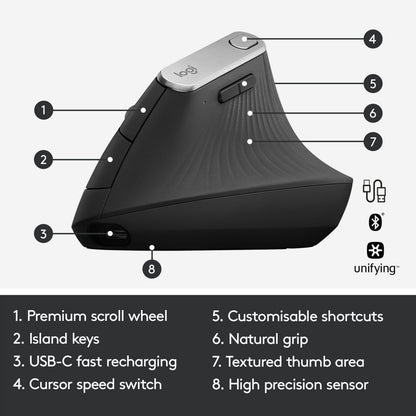 Logitech MX Vertikal trådløs mus sort, ergonomisk med scrollhjul, genvejsknapper, USB-C opladning, cursor speed-switch.