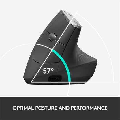 Logitech MX Vertical trådløs mus, sort, 57 graders vinkel, ergonomisk design med geometriske linjer.