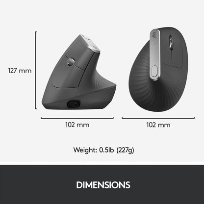 Logitech MX Vertikal trådløs mus sort, vist fra siden og foran, 127 mm høj, 102 mm bred, vægt 227 g, tekst: DIMENSIONER.