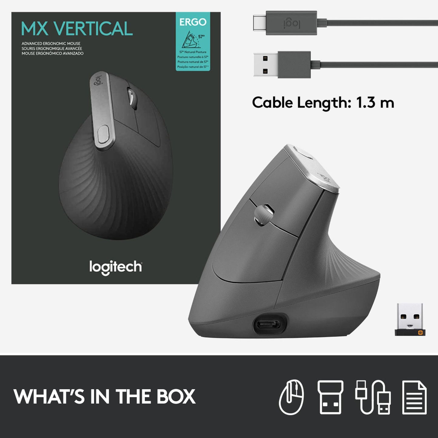 Logitech MX Vertikal trådløs mus sorterer med æske, 1,3 m USB-C opladningskabel og USB modtager.