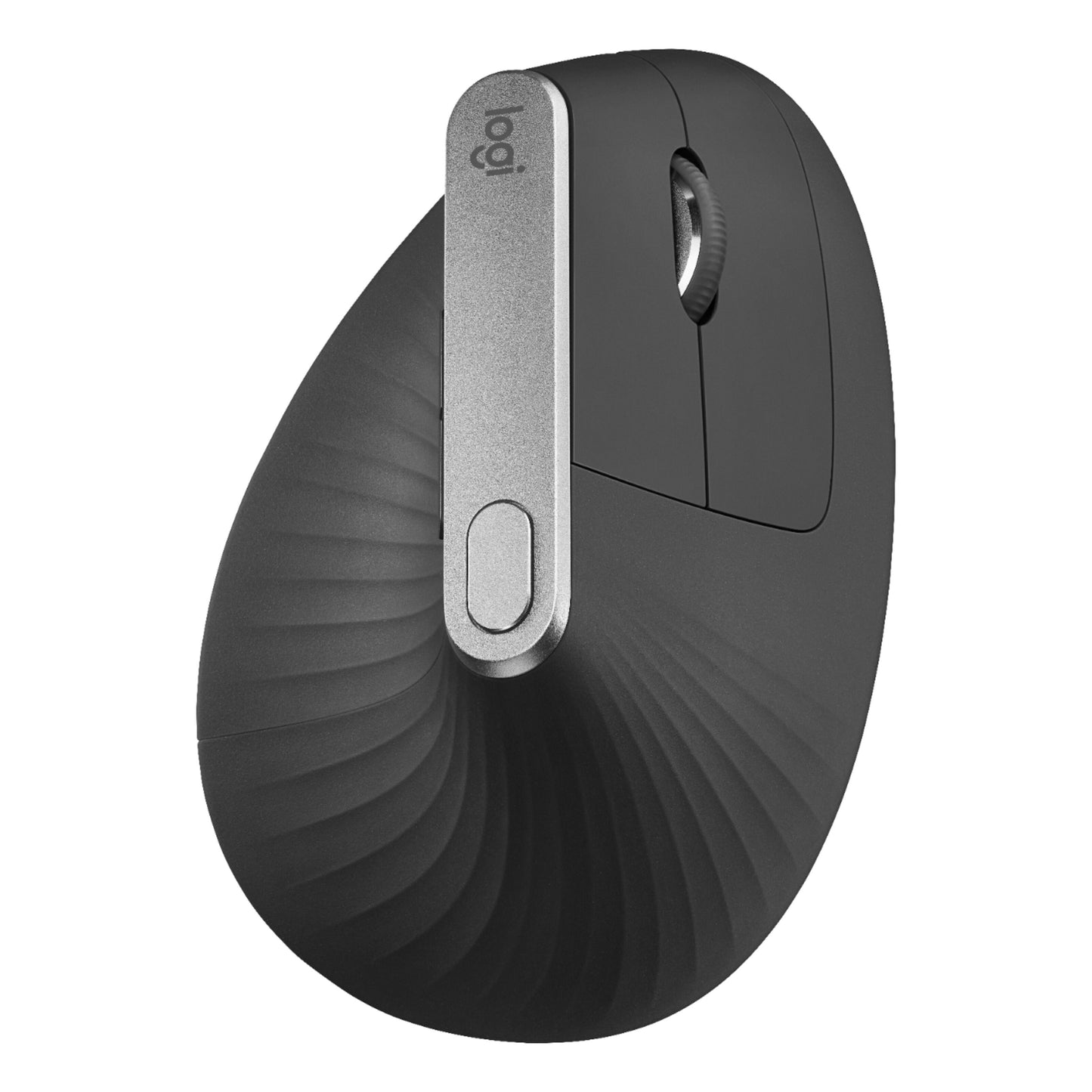 Logitech MX Vertical trådløs mus sorterer ergonomisk med lodret design, sølvdetalje og scrollhjul.