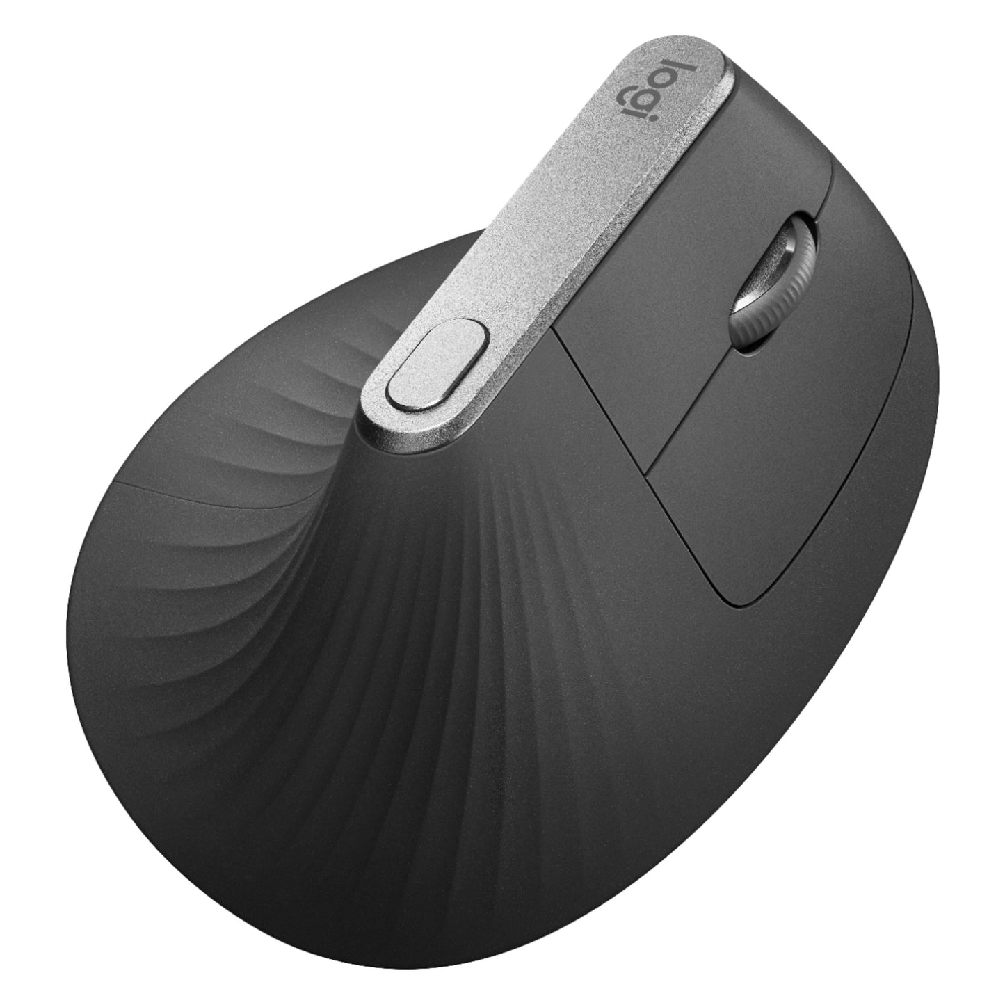 Logitech MX Vertikal sort trådløs ergonomisk mus med teksturerede riller, sølvdetalje, scrollhjul og to sideknapper.