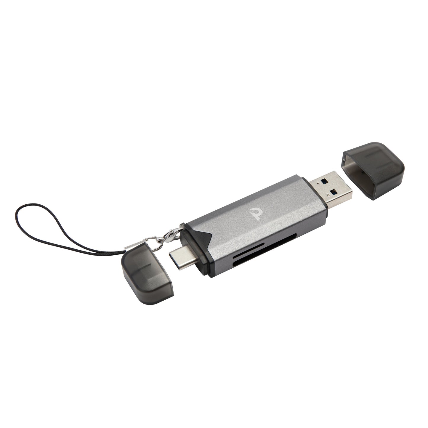 Hukommelseskortlæser til SD/Micro-SD, sølv, USB-A og USB-C stik, hukommelseskortslot, sort rem på én hætte.