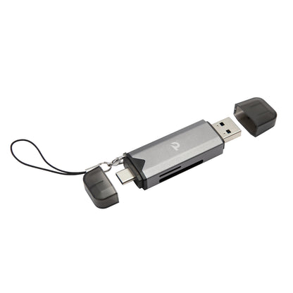 Hukommelseskortlæser til SD/Micro-SD, sølv, USB-A og USB-C stik, hukommelseskortslot, sort rem på én hætte.
