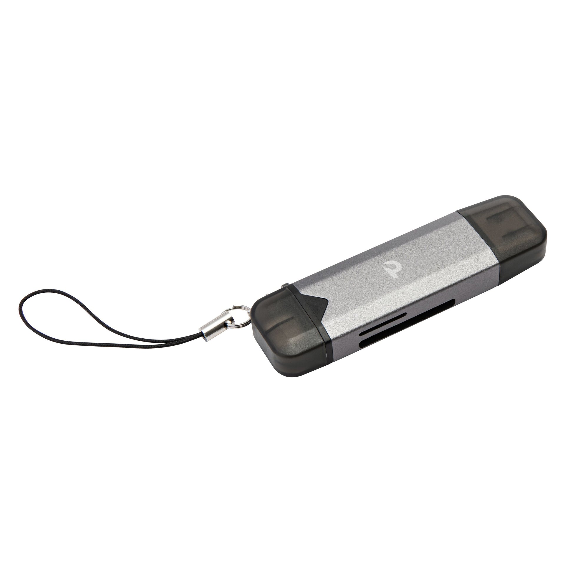 Plexgear hukommelseskortlæser til SD og Micro-SD, grå/sort, beskyttelseshætter i begge ender, sort håndledsrem.