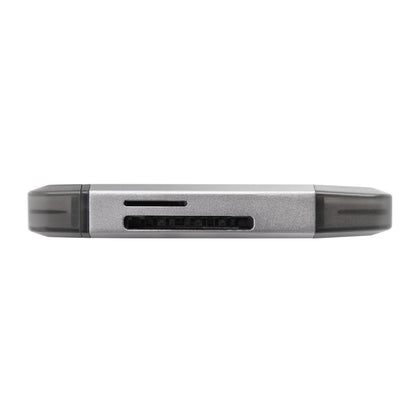 Plexgear hukommelseskortlæser til SD og Micro-SD grå/sort, sidebillede med synlige porte og kortslotte.
